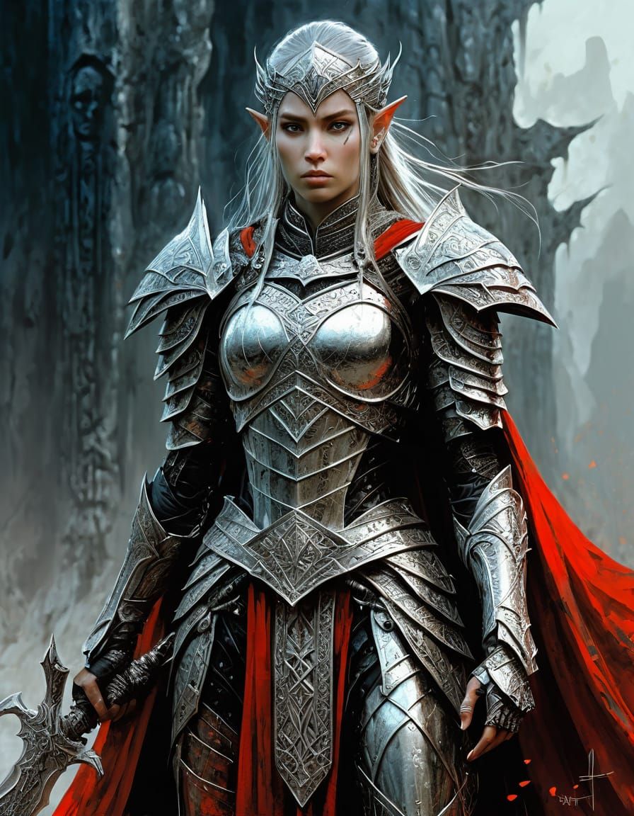 Elven Warrior Guarding Runes in Abstract Style