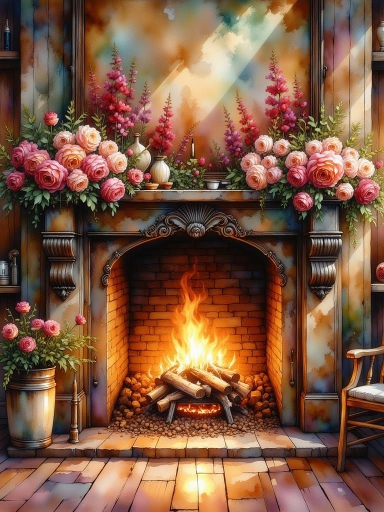 Victorian Fireplace with Roses as Watercolor Painting