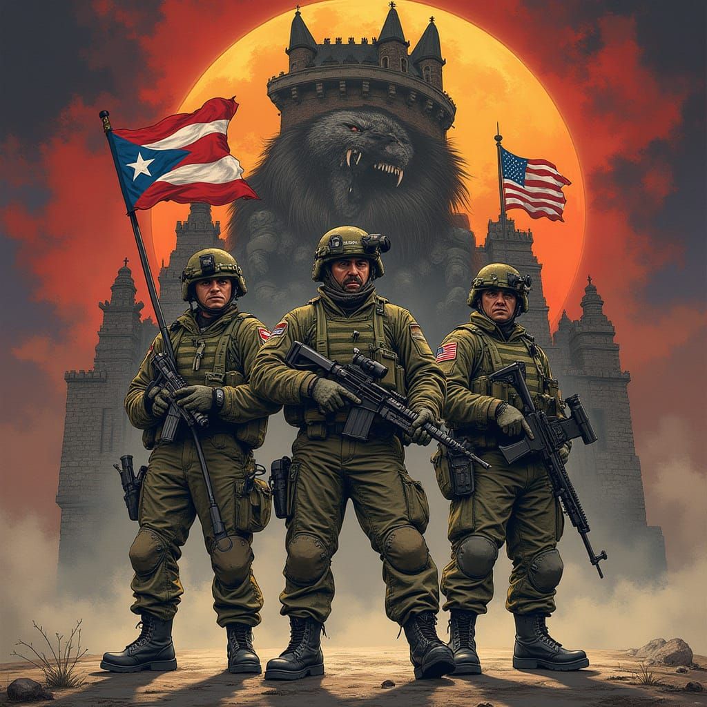 Three Soldiers in Engineer Castle, US Army Logo, Comic Book-...