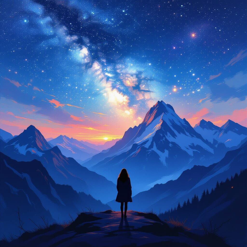 Woman at Mountain Precipice Under Starlit Sky