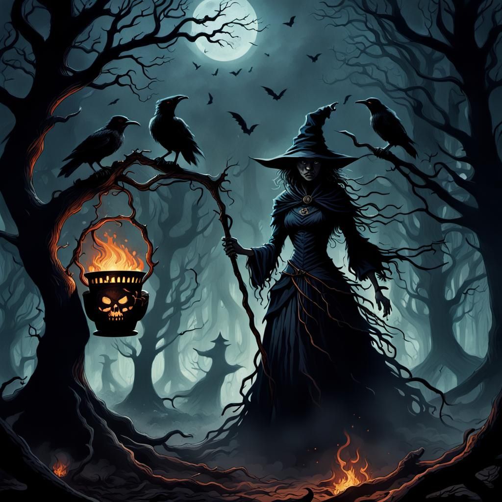Menacing Witch in Twisted Forest: Dark Fantasy Art
