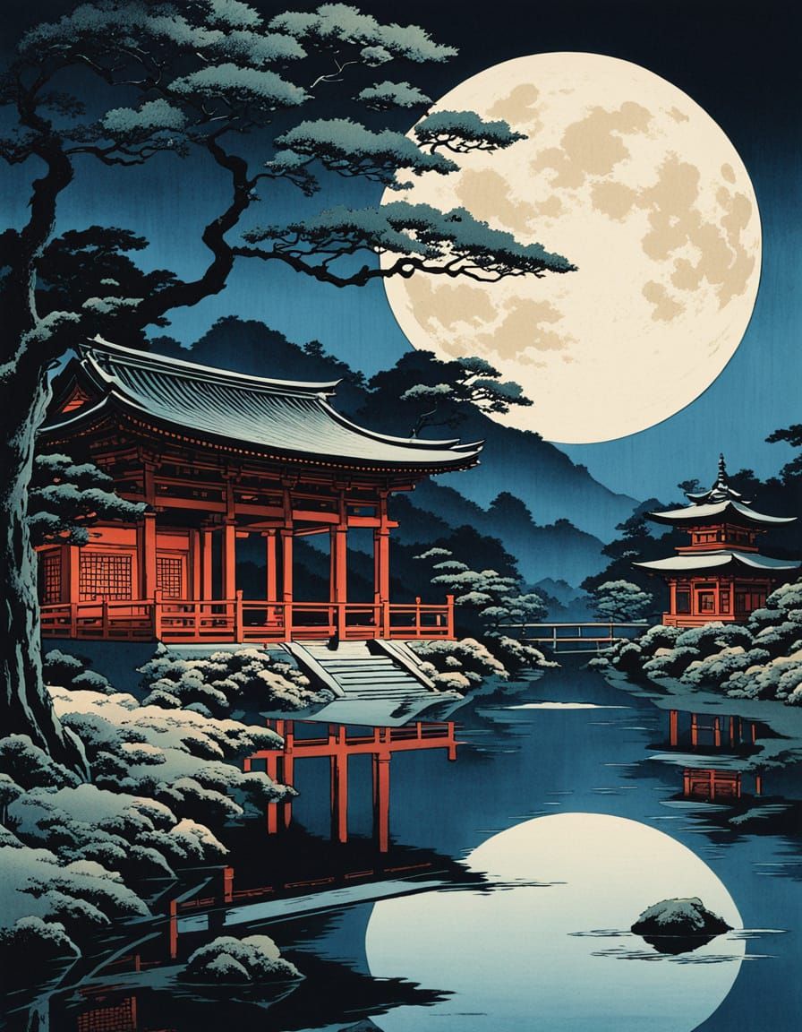 Serene Woman Bathes in Moonlit Temple Pool - Japanese Woodbl...