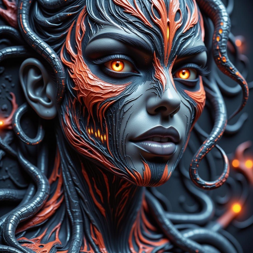 Demonic Punk Creature Scene in Intricate Rust Woven Lace Pat...