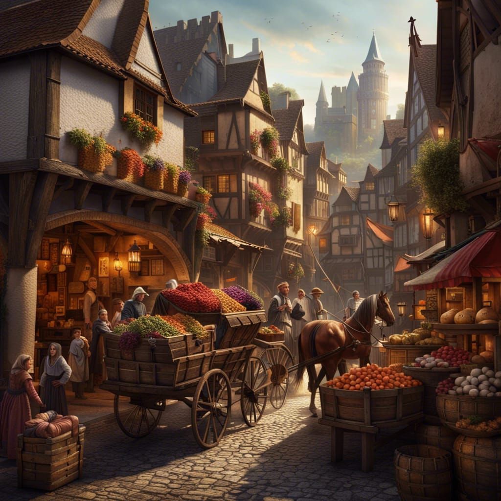 Medieval Marketplace Scene in Detailed Matte Painting