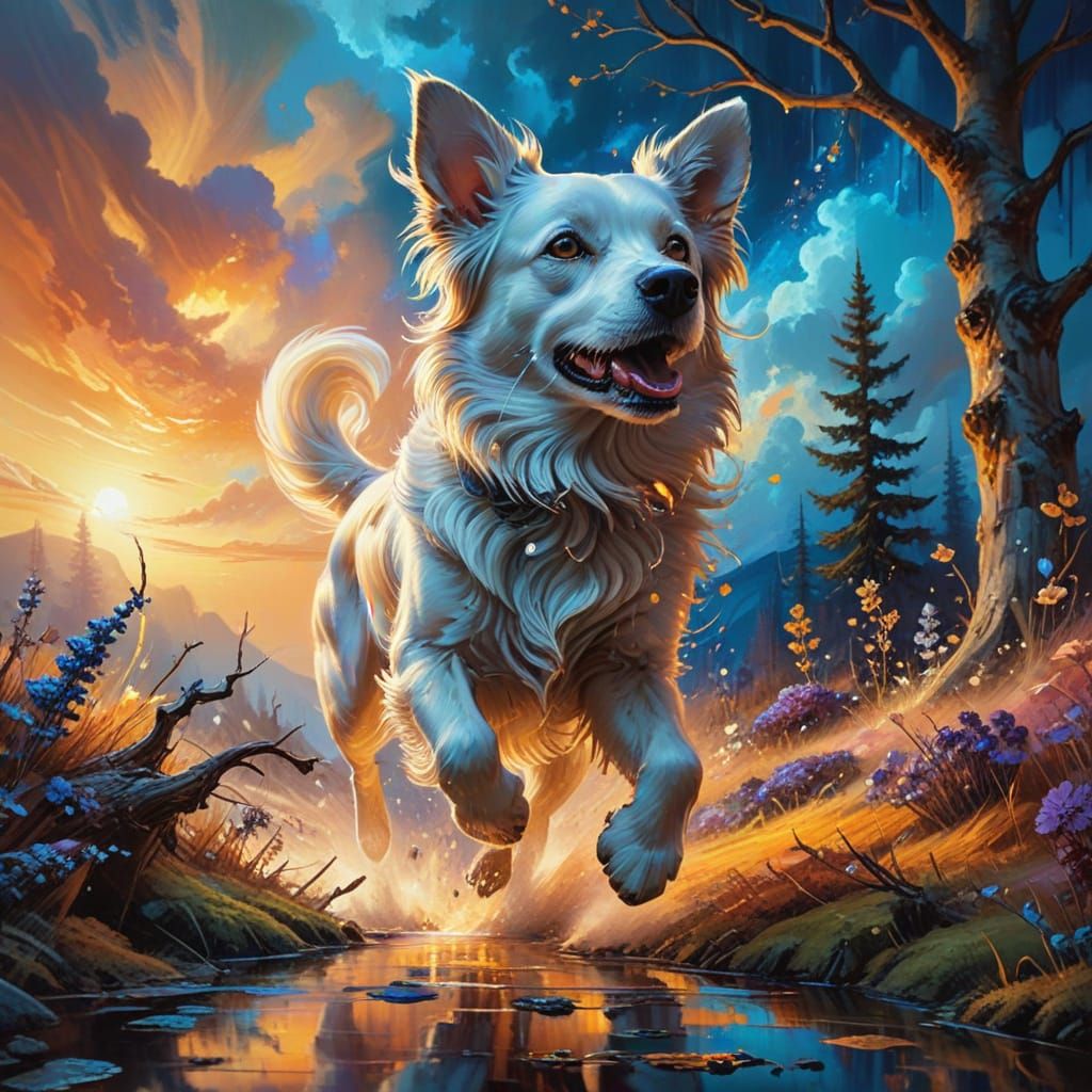 Surreal Landscape with a Running Dog in Vibrant Colors