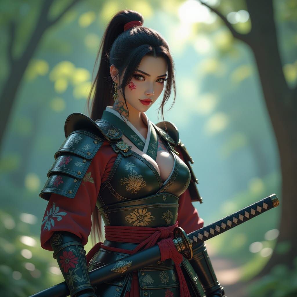 Hyperrealistic Tattooed Samurai Warrior in Sunlight