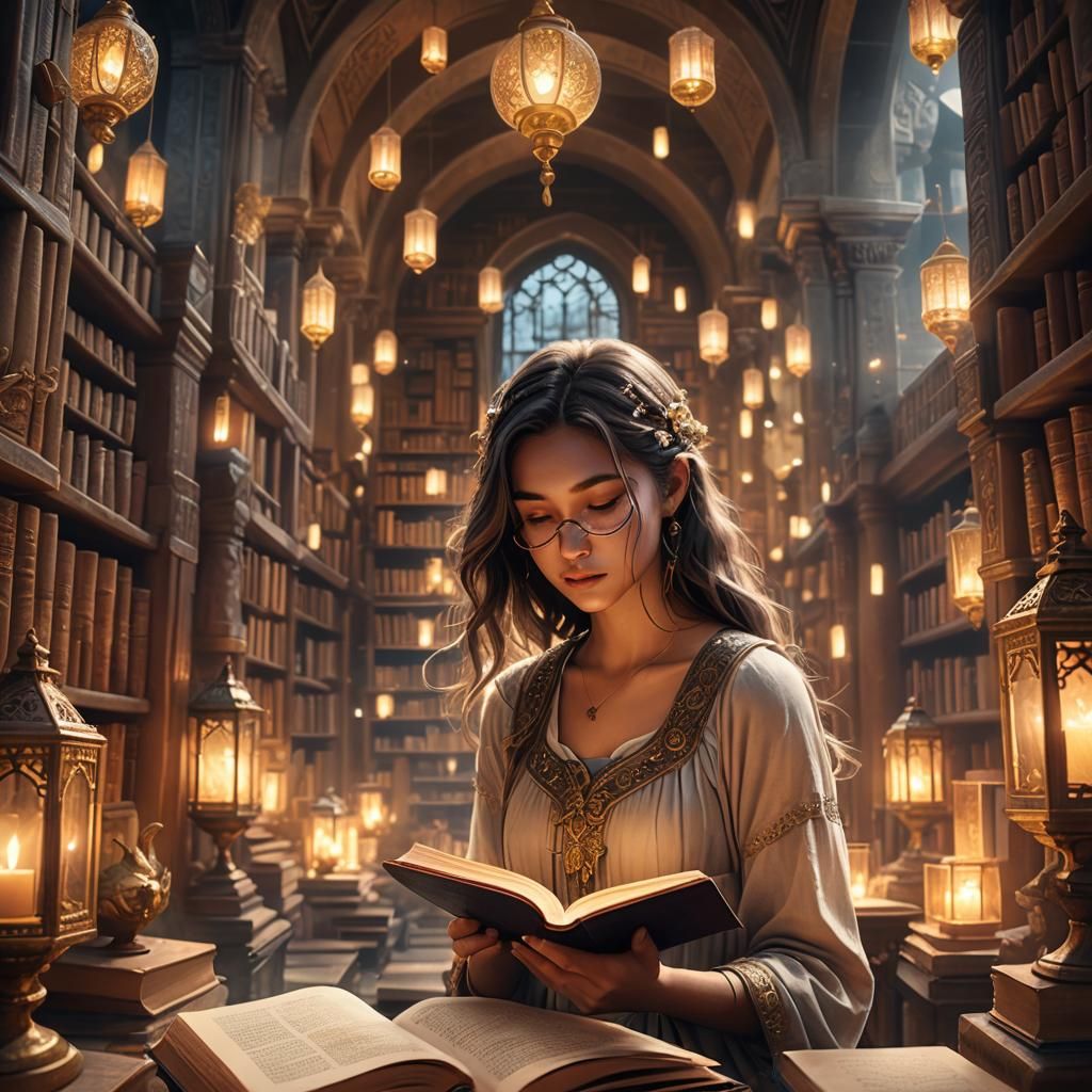 Girl Reading in Mystical Library Concept Art