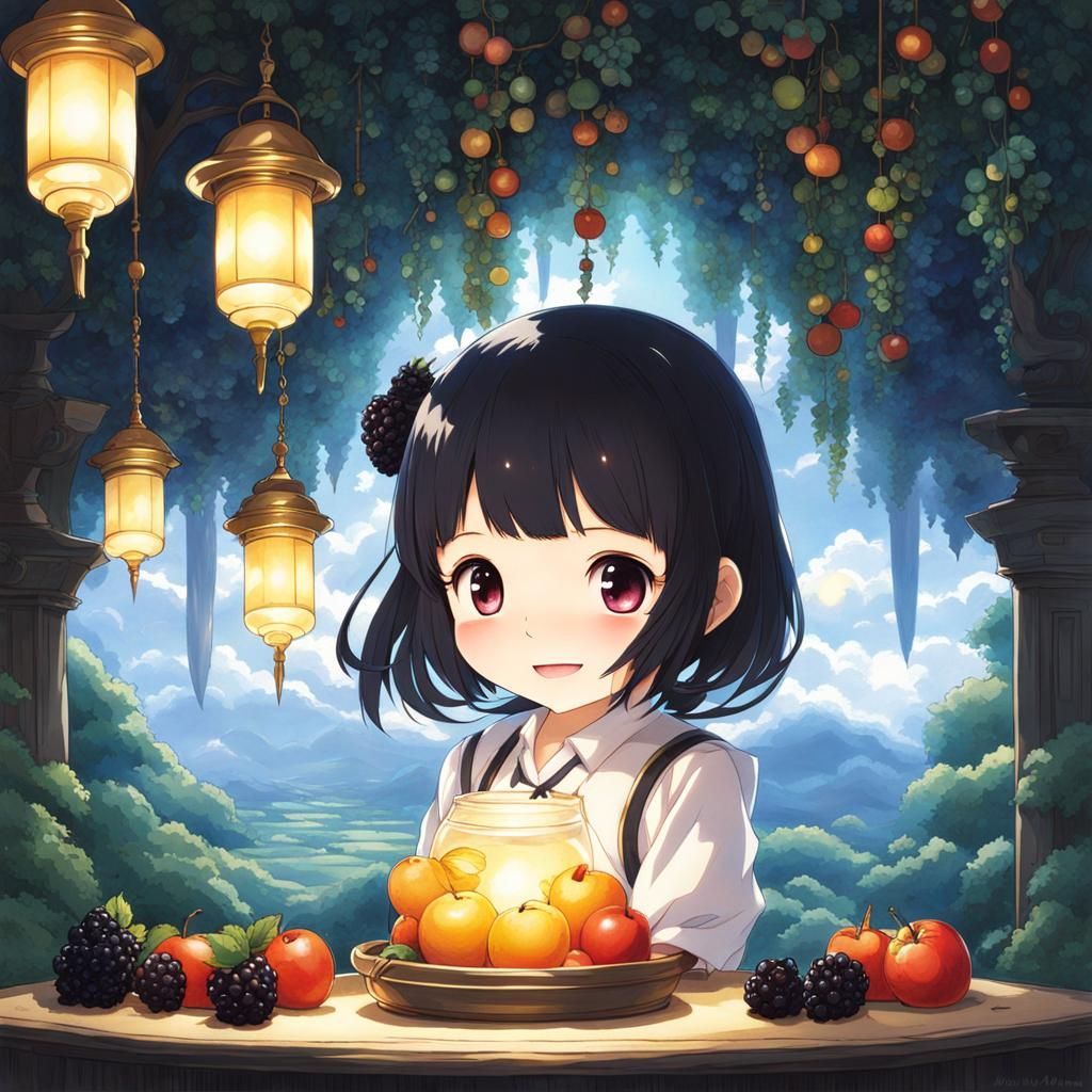 Chibi Smiling Girl with Blackberry Fruit, Dreamcore
