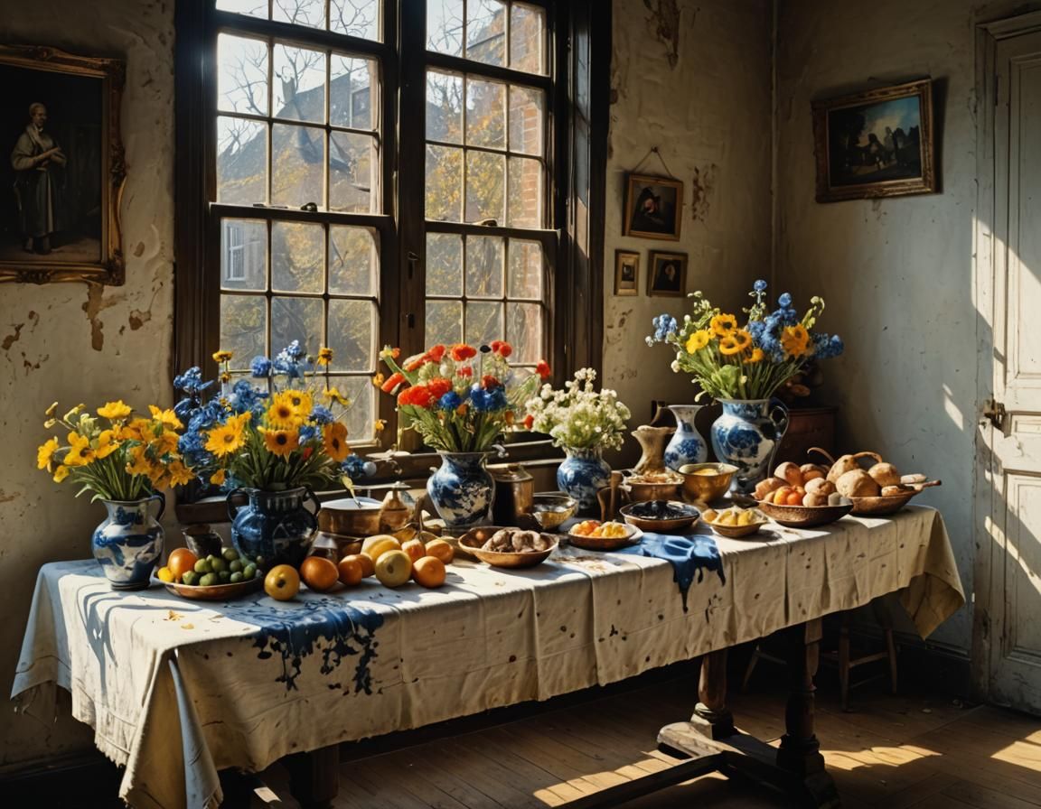 Dried Flowers on Butcher Table: Pollock-Vermeer Style