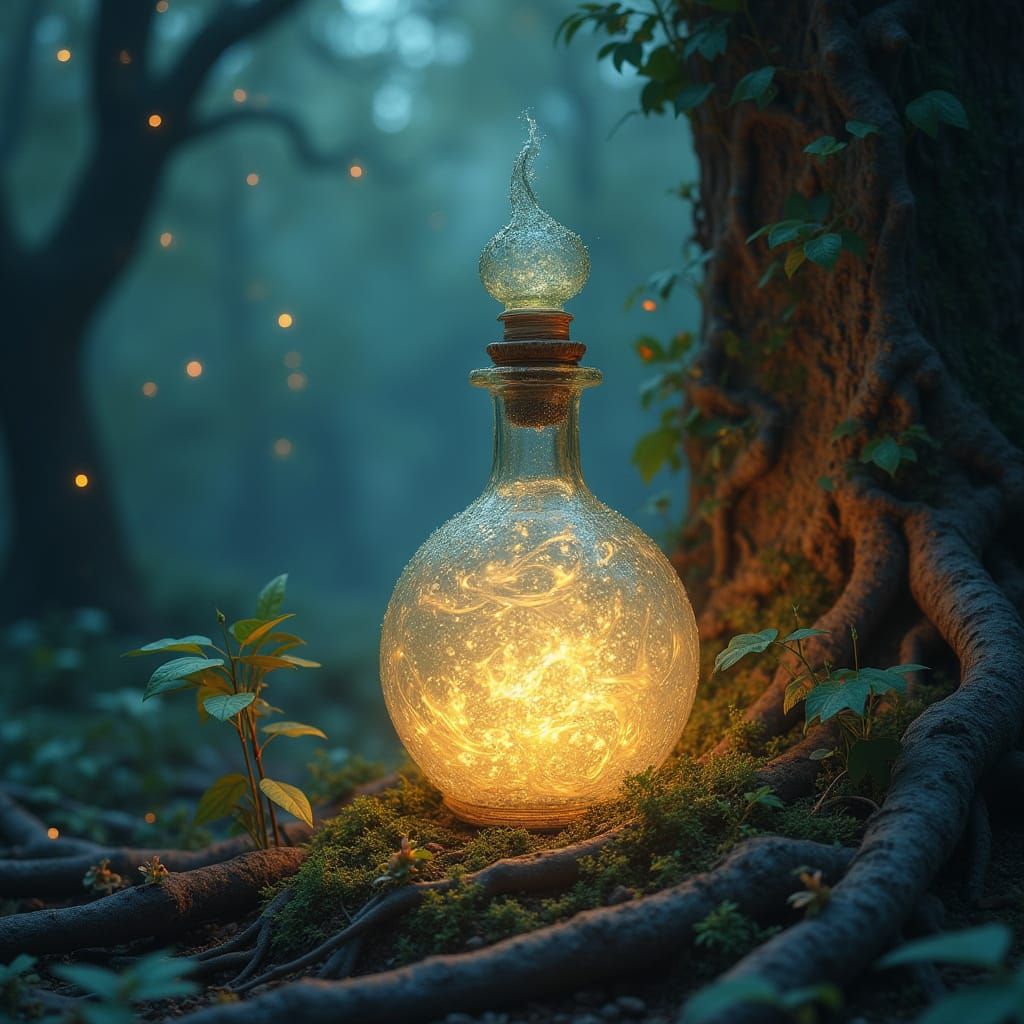 Ornate Bottle in Mystical Forest, Dreamy Art