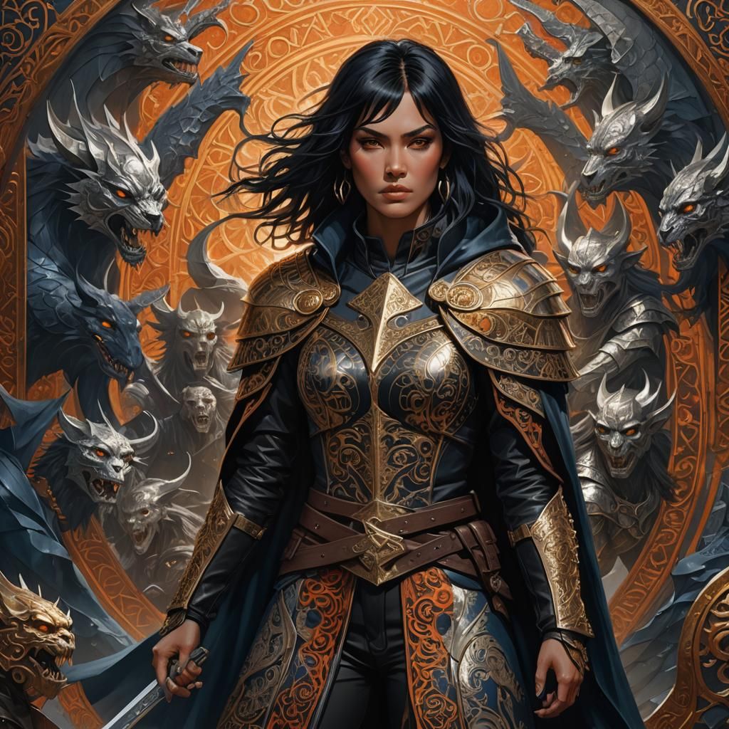 Warrior Woman Confronts Seven Demons: Fantasy Art