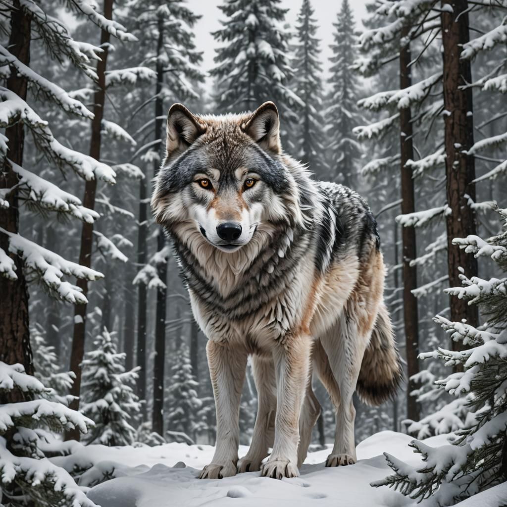 Majestic White Wolf in Snowy Forest Coloring Page