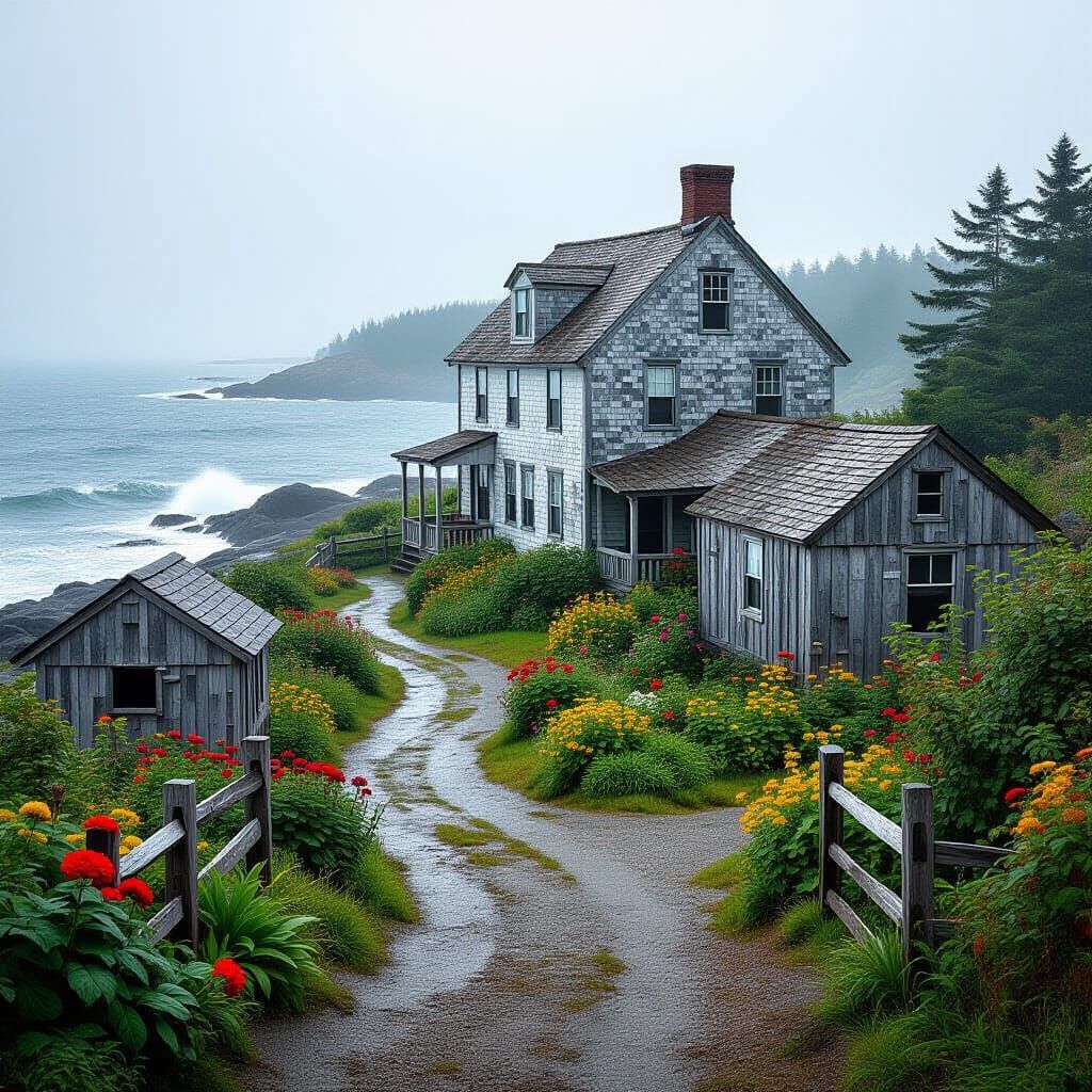 Maine Coast House in Fog, Impressionist Style