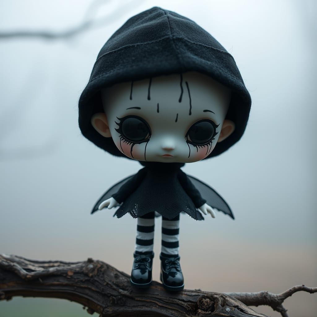 Chibi Dolls Perched on a Branch in a Whimsical Fog