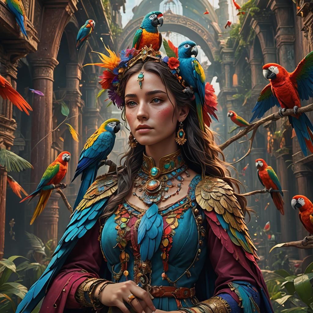 Colorful Woman with Parrot: Fantasy Concept Art