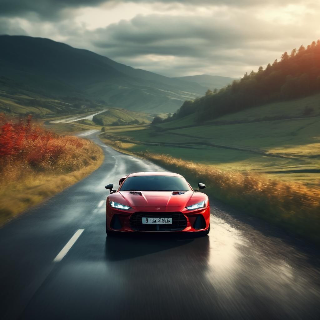 Red Sports Car Speeding on Country Road