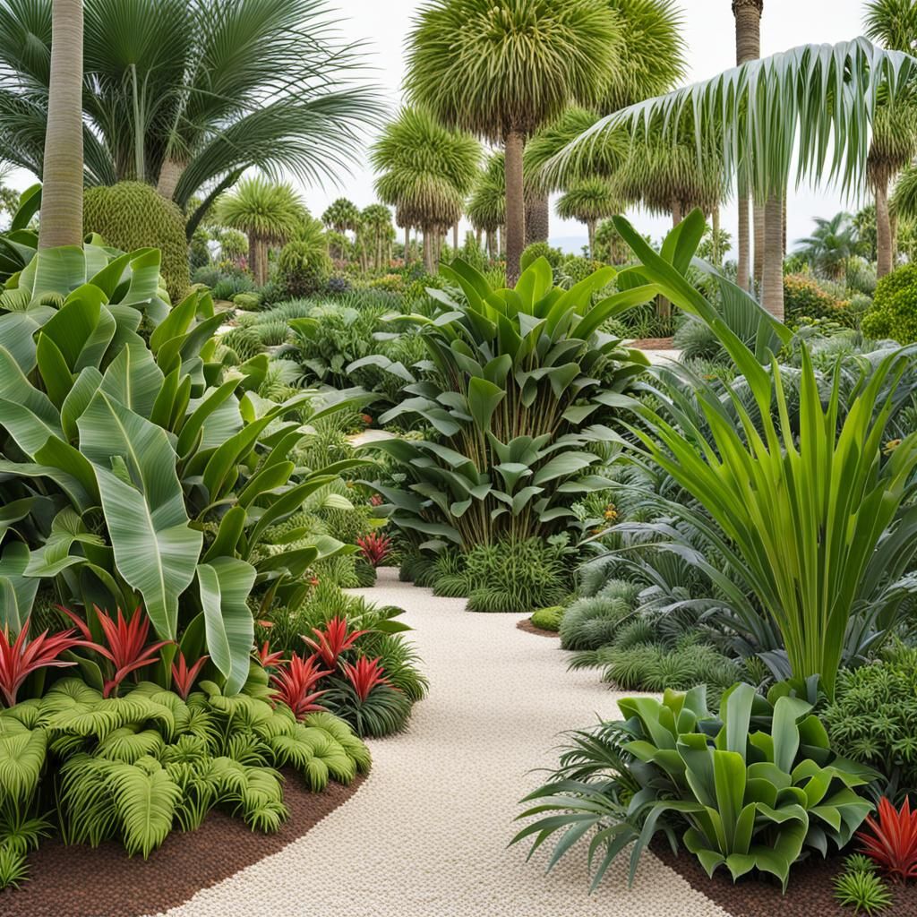 Lush Tropical Garden with Palms and Bushes