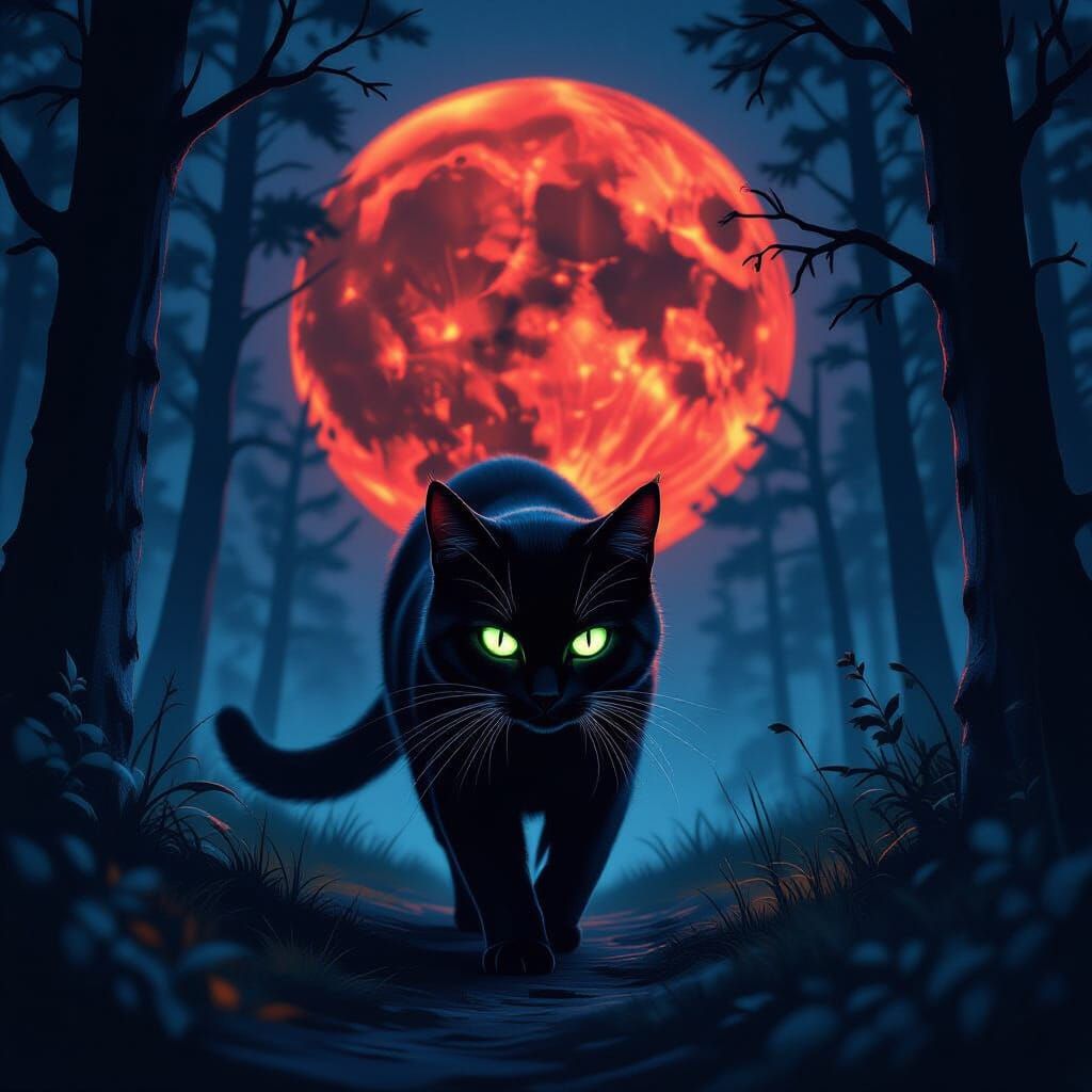 Black Cat Hunts Under Ominous Blood Moon
