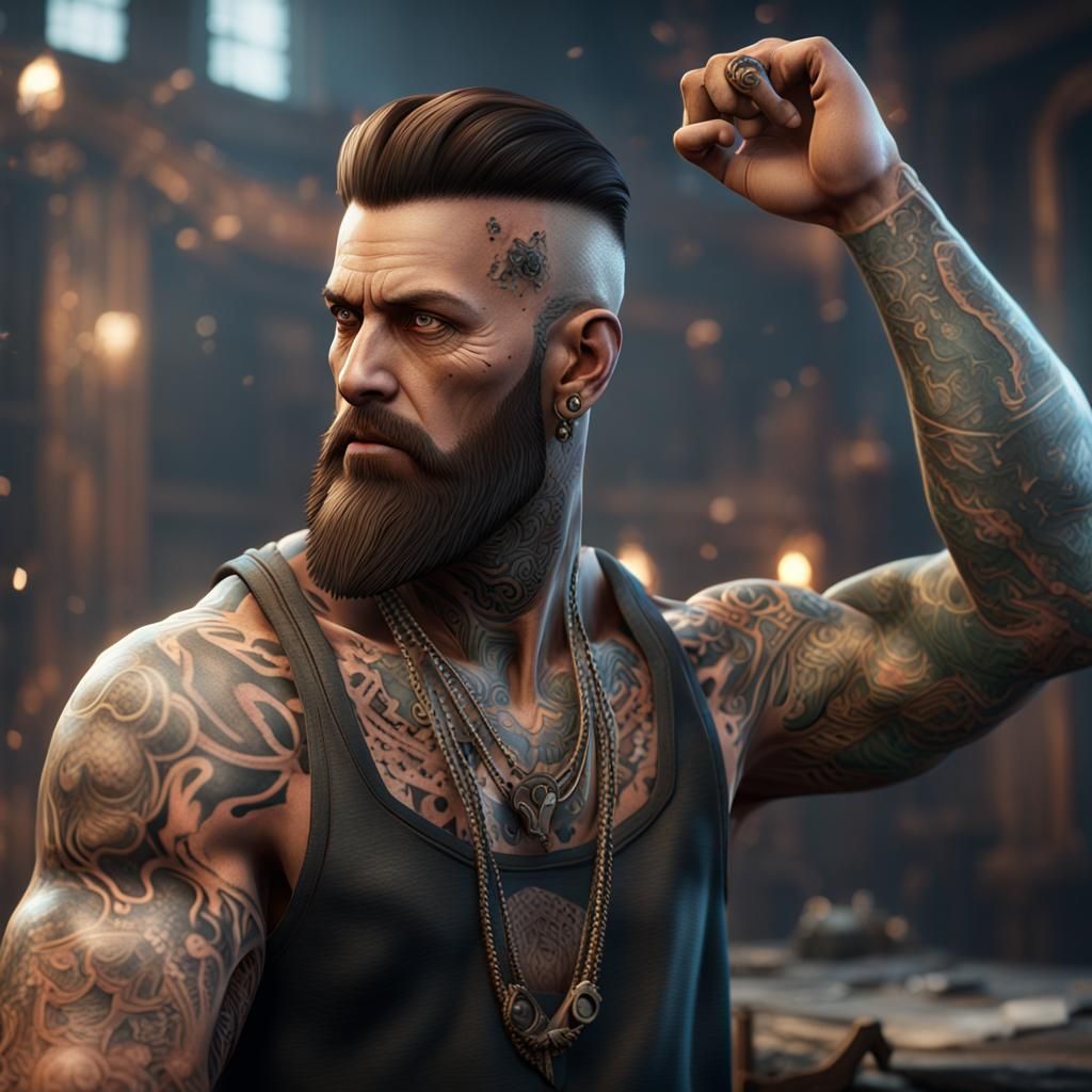 Intricate Tattoos in 3D Game Cinematic Style