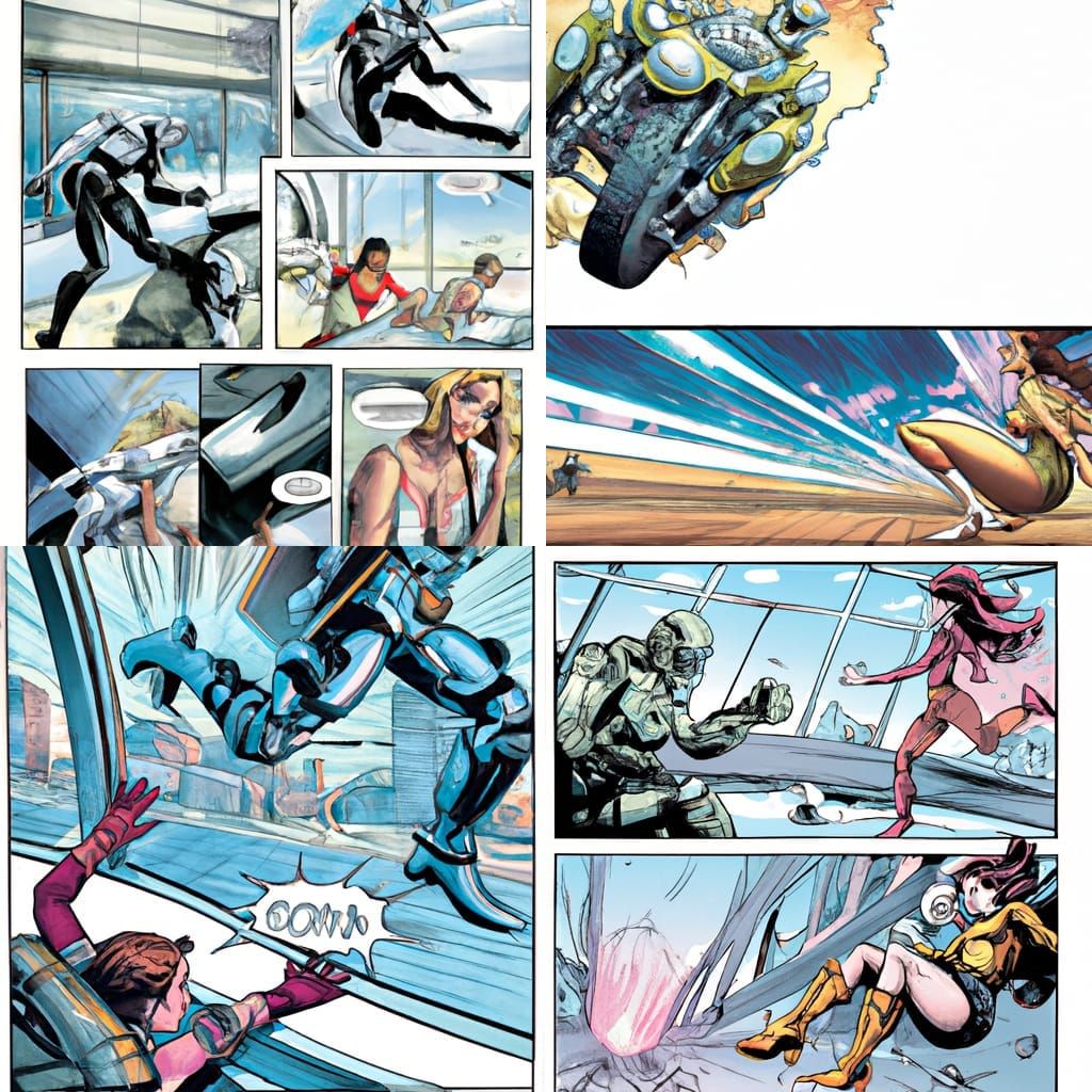 Girl Escaping Robot: Action Comic Book Art