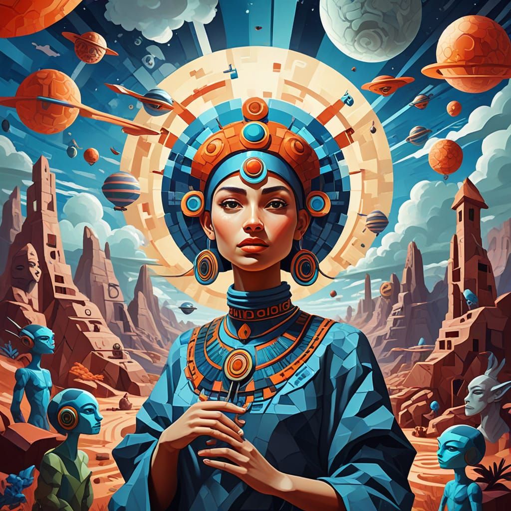 Shaman Woman Amidst Celestial Geometry in Neo-Cubist Style