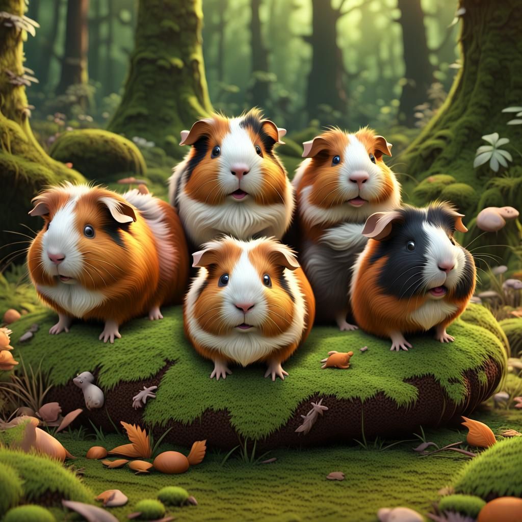 Cartoon Guinea Pigs on Forest Floor: 3D Render