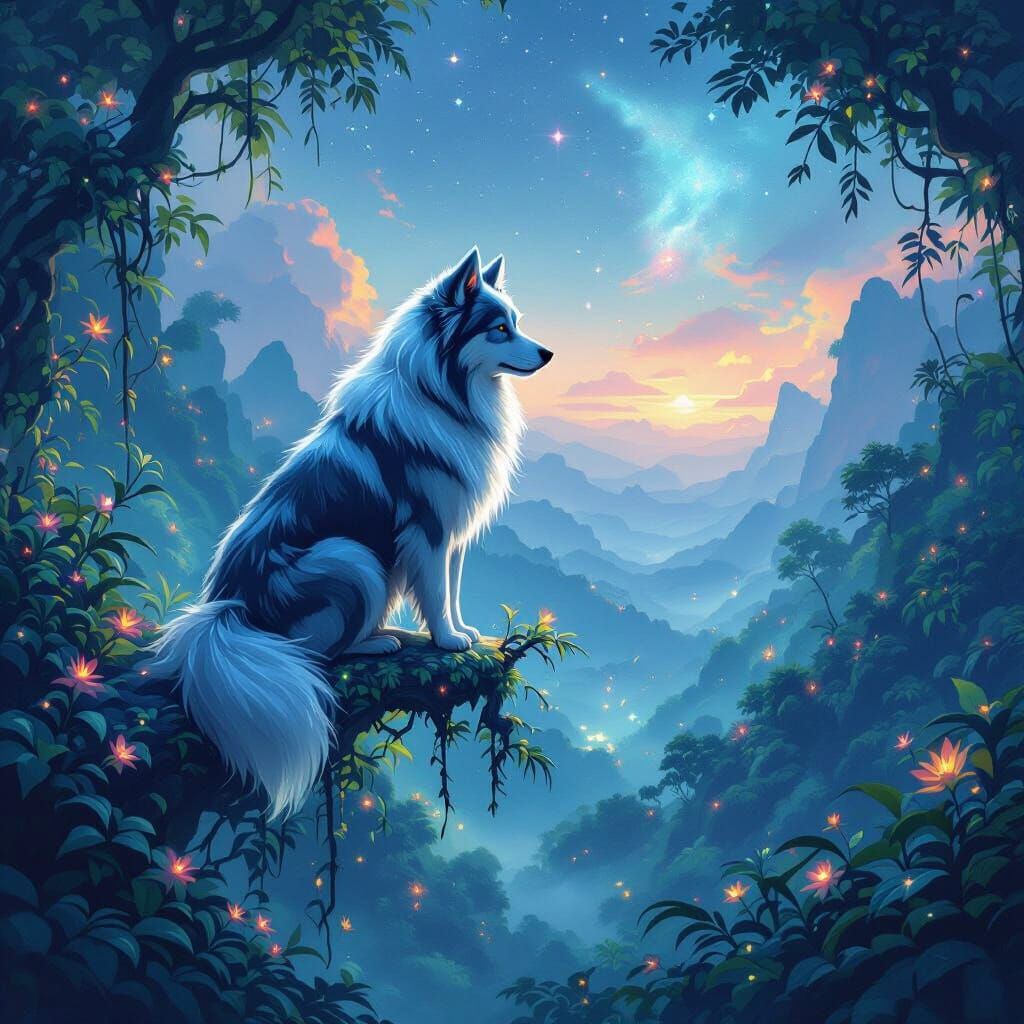 Bioluminescent Dog on Crystalline Branch, Alien Jungle View