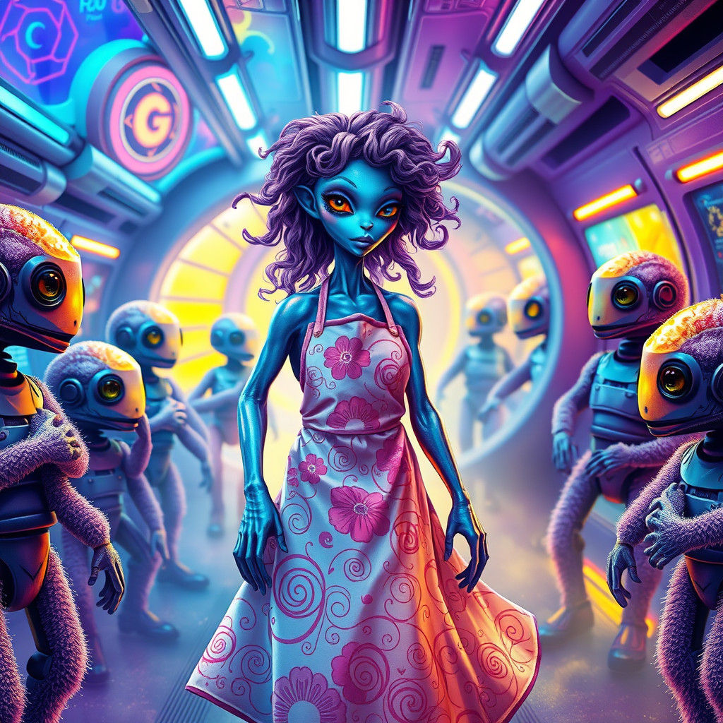 Iridescent Alien Queen in Futuristic Spaceship Office