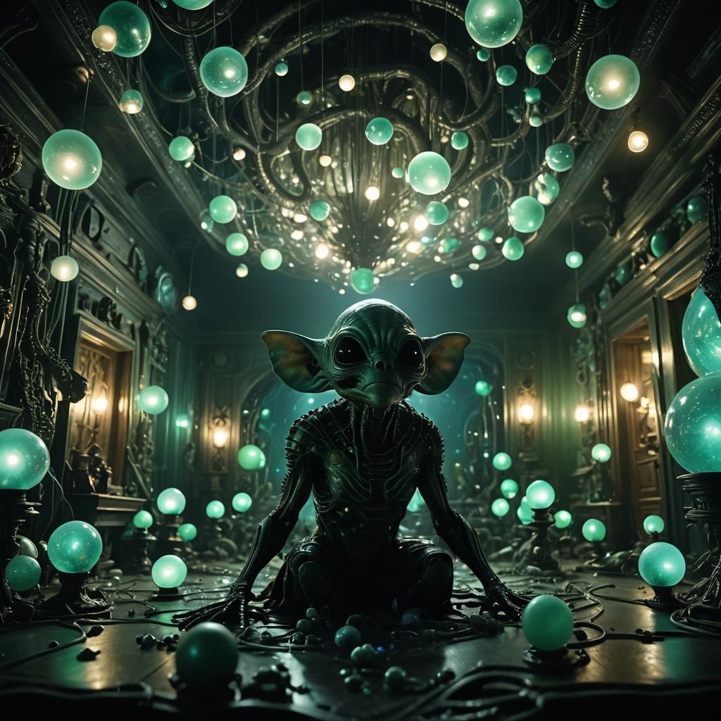 Alien in Mystical Room with Glowing Orbs
