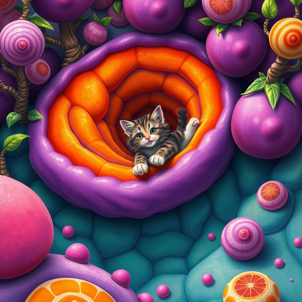 Fanciful Feline Descends a Rainbow Fruit Mountain in Whimsic...