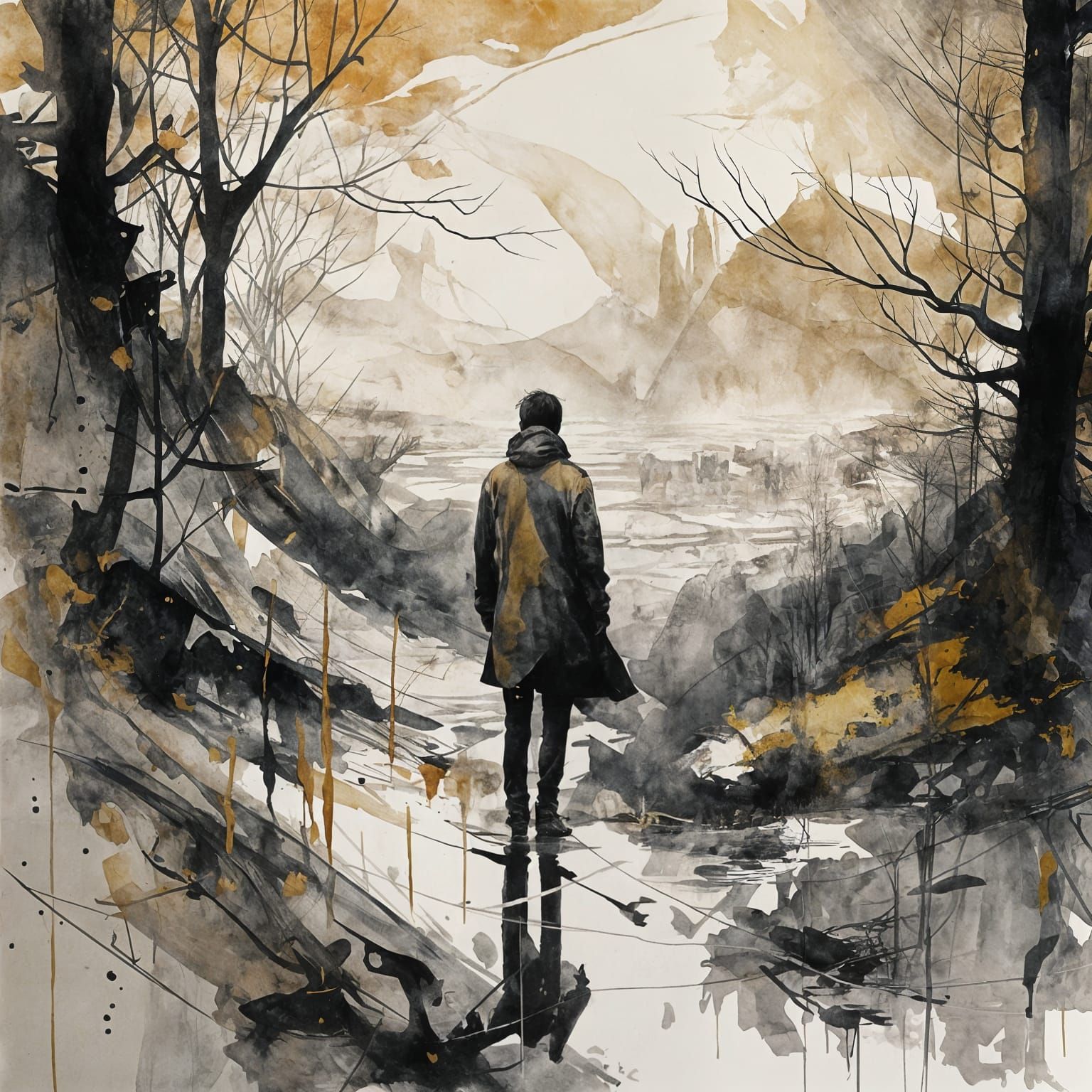 Surreal Landscape with Golden Circle in Gouache Style