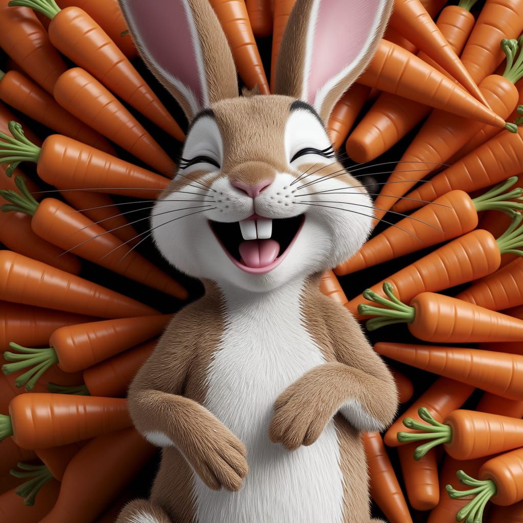 Laughing Rabbit in Carrot Pile: Joyful Mid-Shot
