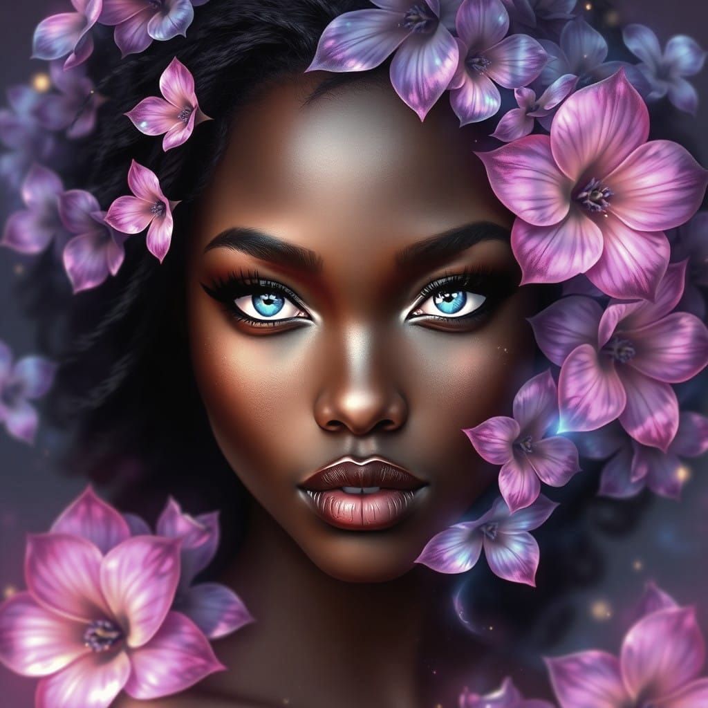 Digital Artwork of a Black Woman in Whimsical Floral Fantasy
