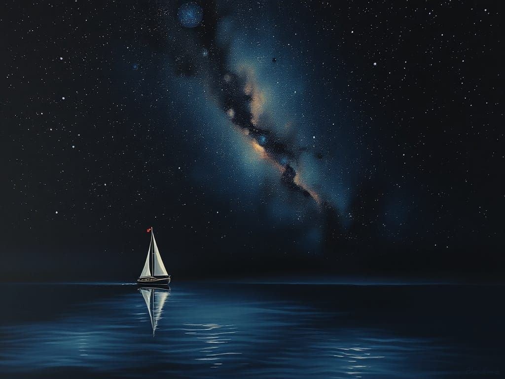 Solitary Sailboat on Calm Sea Under Starry Sky