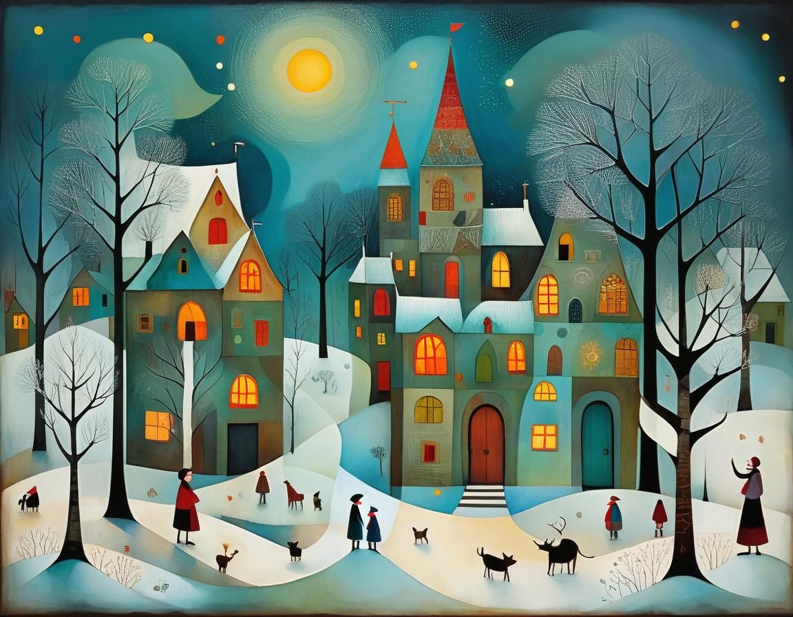 Intricate Winter Evening Scene in Mixed Styles
