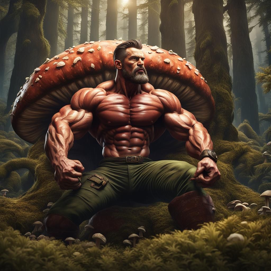 Muscular Man in Giant Mushroom Forest