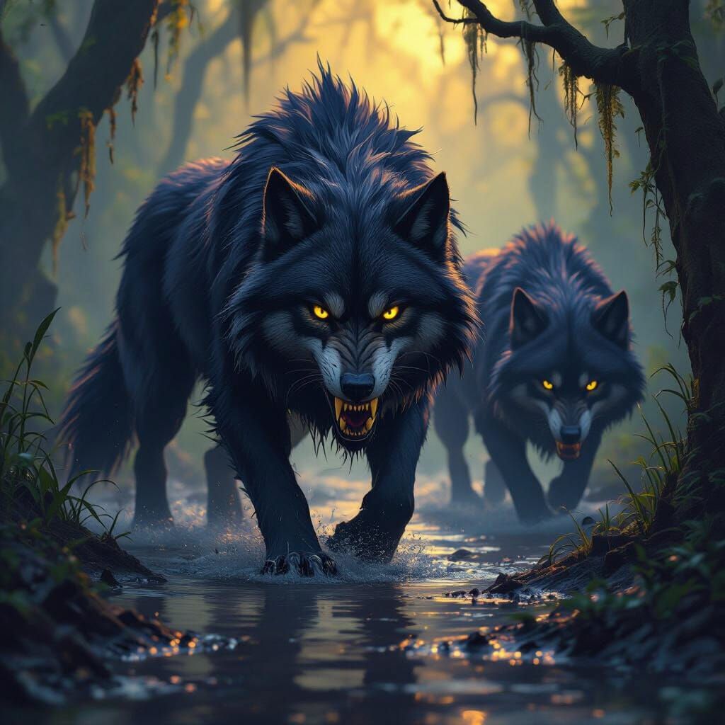 Mirewolves Prowl Murky Swamp: Dark Fantasy Scene