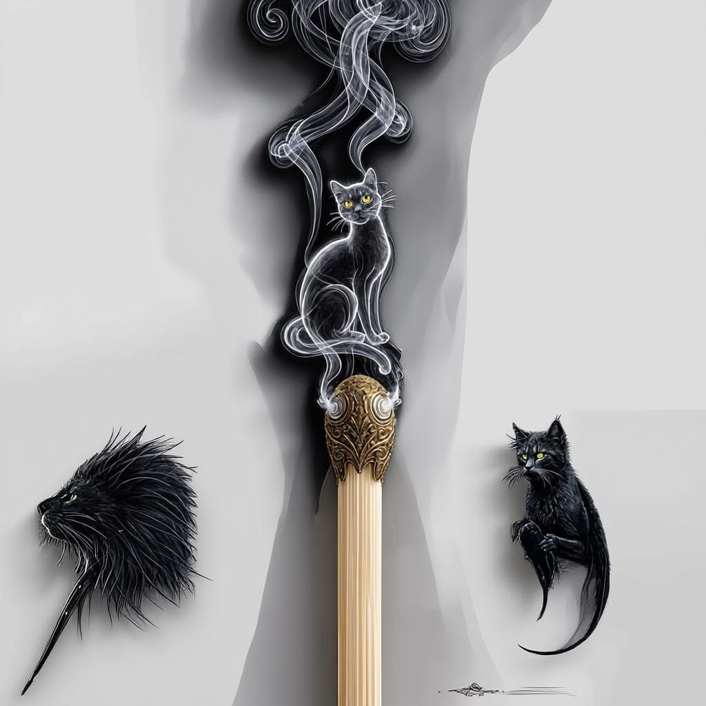 Ethereal Smoke Cat Rises from Match Head in Fantasy Art