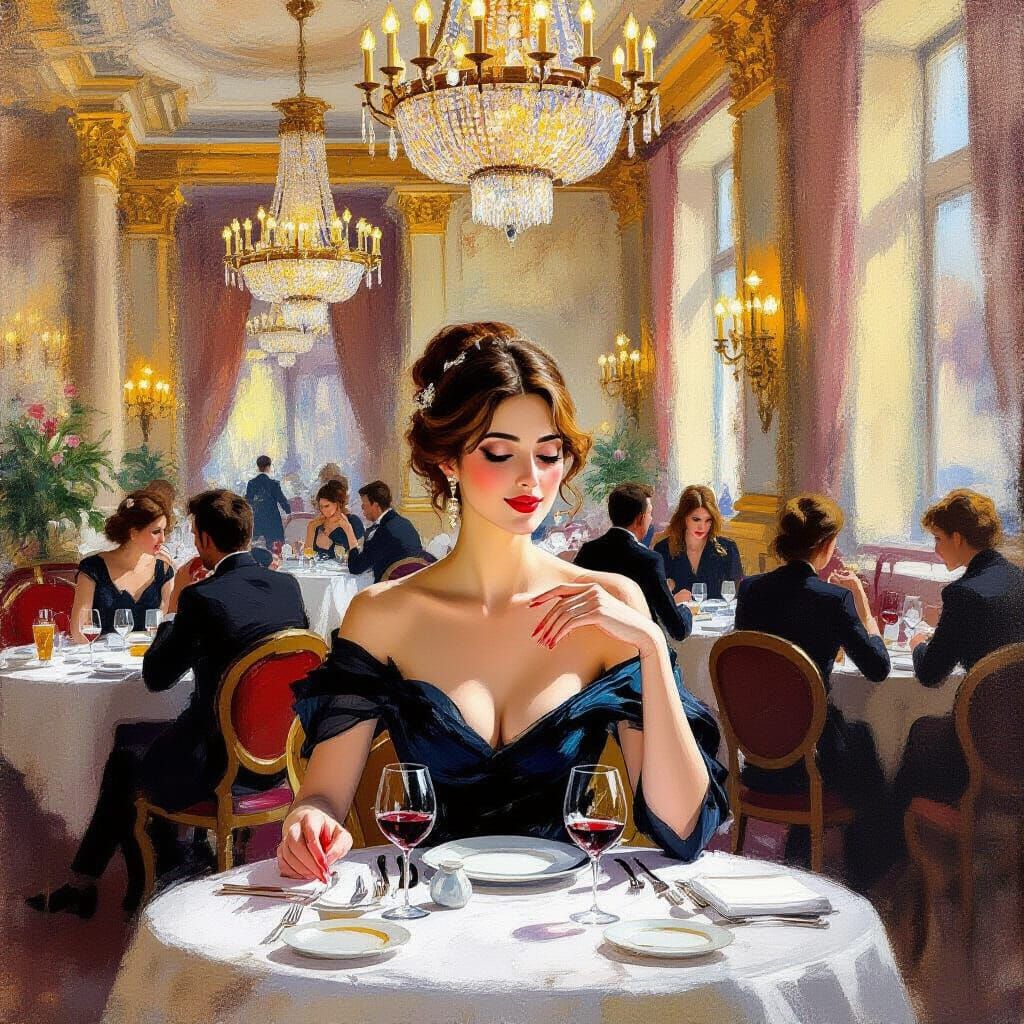 Elegant Woman Dines at Le Grand Restaurant in Impressionist ...