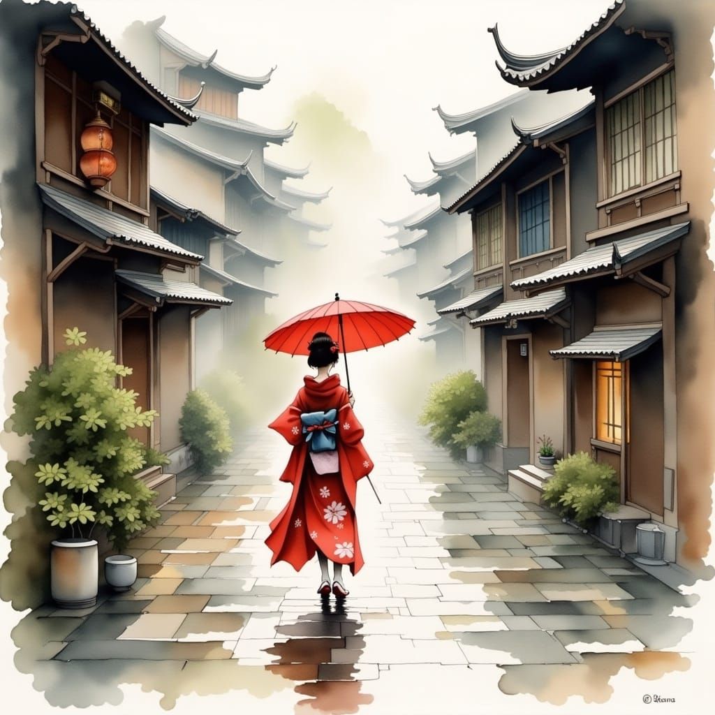 Geisha in Rainy Feudal Tokyo: Watercolour Painting