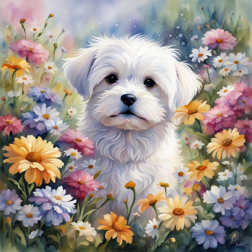 Watercolor Maltese Puppy Surrounded by Flowers