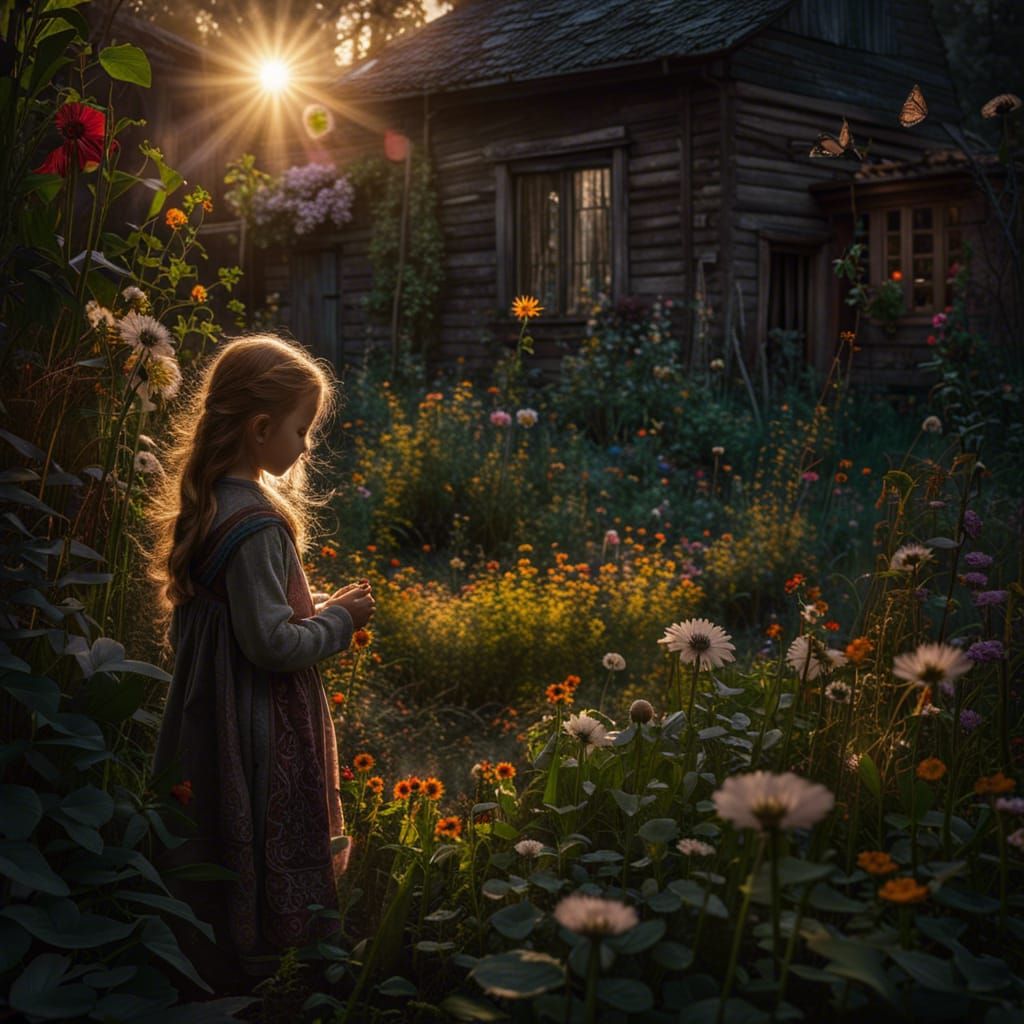 Sunbeams on a Blooming Backyard Garden