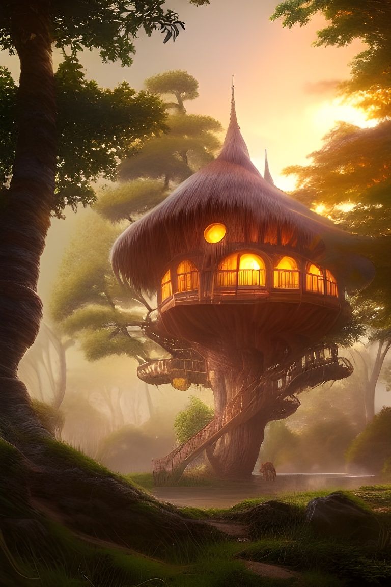 Fantasy Treehouse Village in Shounen Anime Style