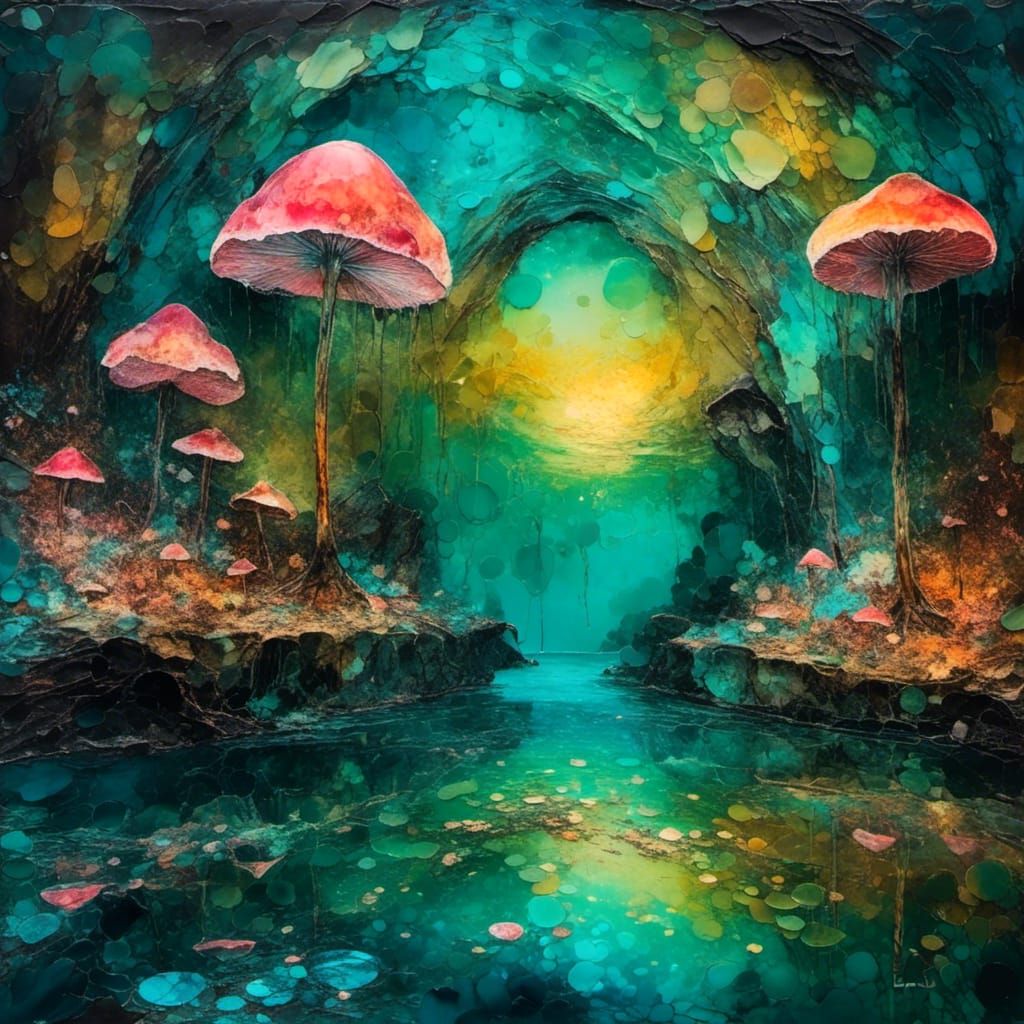 Bioluminescent Mushroom Cave Panoramic View as Impasto Paint...