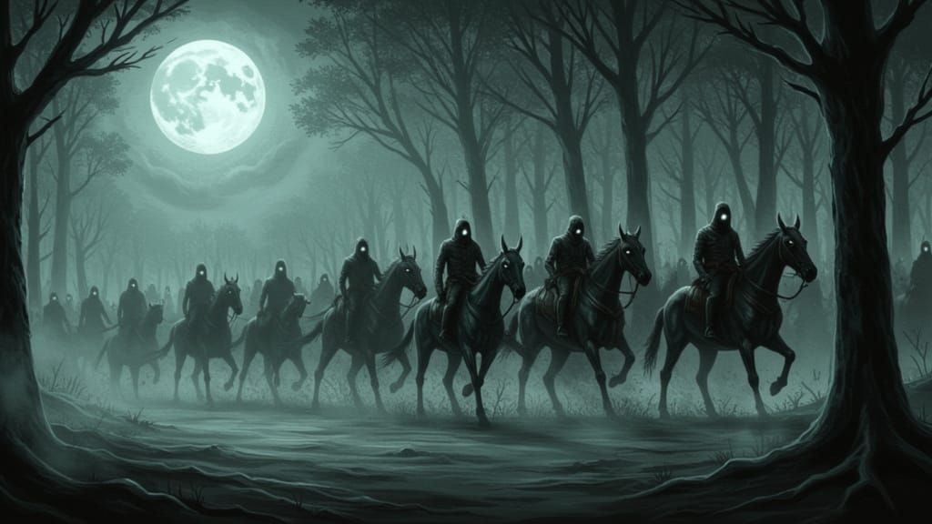 Ethereal Wild Hunt Charging Through Moonlit Forest