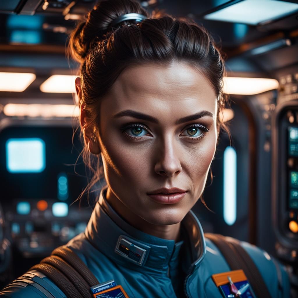 Hyperrealistic Portrait of Woman in Spaceship Control Room