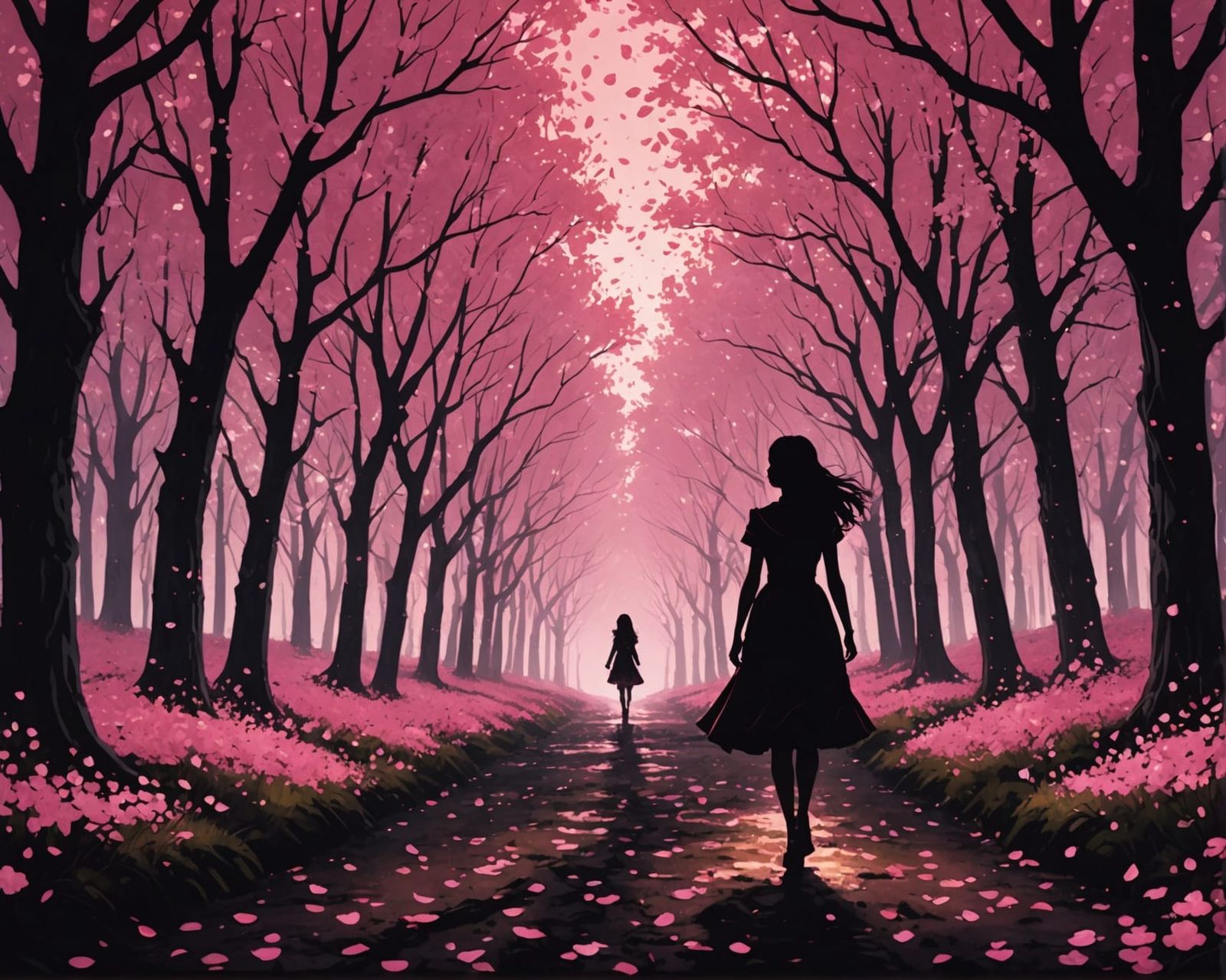 Silhouette in Cherry Blossom Forest at Night
