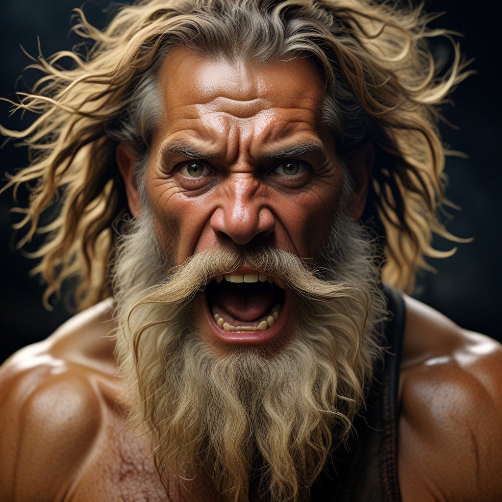 Muscled Hero Confronts Lion in Intense, Golden-Lit Portrait