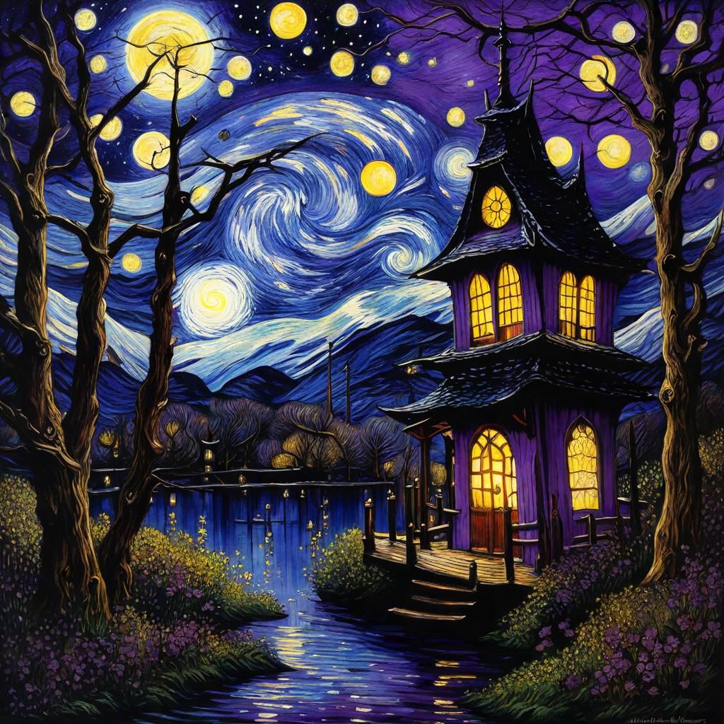 Gothic Forest Under Violet Moon, Expressionist Oil Painting