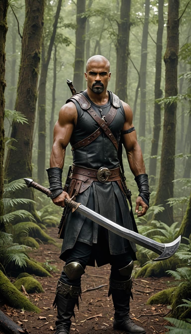 A Barbarian warrior with a Large Sword, Standing in a Forest.